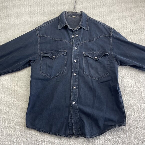 VTG Denim Shirt Jacket Men's S Western Style Dark Blue Jean Vintage Pearl Snap - Picture 8 of 15